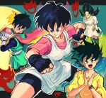  1girl absurdres bike_shorts black_gloves black_hair blue_eyes boots breasts cape clapping closed_mouth commentary dragon_ball dragon_ball_z fighting_stance fingerless_gloves gloves great_saiyaman_2 happy helmet highres holding holding_helmet kornart looking_at_viewer multiple_views open_mouth pink_cape shirt short_hair short_twintails smile superhero_costume twintails videl watch white_gloves white_shirt wristwatch 