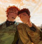  2boys ao_isami black_hair blonde_hair blue_jumpsuit closed_eyes drooling facial_hair green_jumpsuit highres jumpsuit kkengmii leaning_on_person lewis_smith light_blush male_focus multiple_boys open_mouth orange_sky parted_lips short_hair sideburns_stubble sky stubble upper_body yuuki_bakuhatsu_bang_bravern 