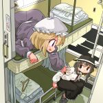  2girls bed black_hat black_sleeves blonde_hair blush brown_eyes brown_hair brown_necktie bunk_bed closed_mouth clothes_hanger collared_shirt commentary_request curtains dress frilled_skirt frills hat indoors kasuya_baian long_sleeves looking_at_another maribel_hearn medium_hair multiple_girls necktie on_bed open_mouth partial_commentary purple_dress purple_eyes shirt sitting skirt smile touhou usami_renko white_mob_cap white_shirt window 