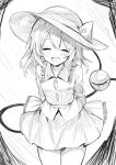  1girl :d closed_eyes commentary_request facing_viewer greyscale hat hat_ribbon heart heart_of_string highres koishi_day komeiji_koishi kurapi_pref long_sleeves monochrome open_mouth ribbon shirt skirt smile solo third_eye touhou 