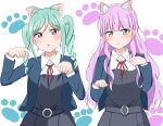  2girls animal_ears blue_jacket blush cat_ears commentary_request dress green_eyes green_skirt grey_dress highres jacket long_hair long_sleeves looking_at_viewer love_live! love_live!_superstar!! matcha_moti_(matcha_427) multiple_girls neck_ribbon onitsuka_tomari open_mouth paw_pose paw_print purple_hair red_eyes red_ribbon ribbon school_uniform skirt sweatdrop twintails white_background wien_margarete yuigaoka_school_uniform 