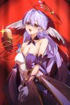  1girl :d asymmetrical_gloves bare_shoulders breasts cleavage cowboy_shot curtains detached_sleeves dress earrings elbow_gloves feathered_wings gloves green_eyes hair_intakes halo head_wings hereokita highres honkai:_star_rail honkai_(series) jewelry long_hair looking_at_viewer microphone necklace open_mouth purple_dress purple_gloves purple_hair purple_sleeves robin_(honkai:_star_rail) smile solo sparkle spotlight steepled_fingers strapless strapless_dress treble_clef two-tone_dress uneven_gloves white_dress white_wings wings 