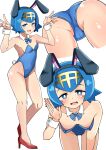  1girl :d animal_ears black_hairband blue_eyes blue_hair blue_leotard breasts bright_pupils collarbone commentary_request detached_collar downblouse hairband hands_up high_heels highres katajin_329 knees lana_(pokemon) leotard looking_at_viewer multiple_views nipples open_mouth playboy_bunny pokemon pokemon_sm rabbit_ears rabbit_tail red_footwear short_hair smile standing tail white_background white_pupils wrist_cuffs yellow_hairband 