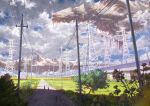  4others blue_sky bush cloud cloudy_sky day highres keishi109 mountain multiple_others original outdoors people power_lines scenery science_fiction sky spacecraft transmission_tower utility_pole 