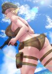  1girl ass blonde_hair bougainvillea15 breasts erwin_(girls_und_panzer) from_behind girls_und_panzer gun handgun hat highres large_breasts lens_flare looking_back luger_p08 ocean peaked_cap rainbow smile solo swimsuit thick_thighs thighs weapon 
