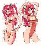  1girl absurdres arms_up bikini breasts cleavage collared_one-piece_swimsuit commentary english_commentary gold_bikini gold_one-piece_swimsuit green_eyes hair_ornament highres kaatokun long_hair looking_at_viewer lyra_(kaatokun) multiple_views navel one-piece_swimsuit original red_hair side-tie_bikini_bottom side_ponytail sidelocks simple_background sparkle standing star_(symbol) star_hair_ornament swimsuit water_drop wet white_background 