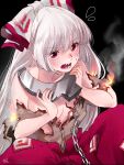  1girl blush bow breasts burnt_clothes buttons chain fire flying_sweatdrops foul_detective_satori fujiwara_no_mokou grey_shirt hair_bow highres long_hair mokoiscat open_mouth pants red_eyes red_pants shack sharp_teeth shirt small_breasts smoke solo teeth touhou white_bow white_hair 