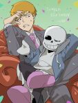  2boys black_eyes confetti couch crossover formal green_background grin highres hood hoodie male_focus mob_psycho_100 multiple_boys necktie one_eye_closed orange_hair pink_necktie reigen_arataka sans sitting skeleton slippers smile suit tumblr_sexyman_tournament undertale wakana_kuraguchi 