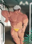 1boy absurdres akiha_gongen_(housamo) bandaid bandaid_on_face bandaid_on_nose bara black_hair brown_eyes dark-skinned_male dark_skin facial_hair goatee highres horns large_pectorals leaning_on_object looking_to_the_side male_focus male_swimwear male_underwear multicolored_hair muscular muscular_male official_alternate_costume pectorals scar scar_on_arm short_hair sideburns single_horn solo swim_trunks t-ryu thick_eyebrows tokyo_afterschool_summoners two-tone_hair underwear variant_set white_hair yellow_male_underwear 