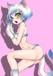  1girl animal_ear_fluff animal_ears ass bare_shoulders bikini blue_hair blue_pupils breasts cat_ears cat_girl cat_tail cleavage drop_shadow eyelashes fingernails fur_bikini fur_gloves gradient_hair hands_up koharu2.5 light_blue_hair multicolored_hair navel open_mouth original pink_background ribs sharp_fingernails short_eyebrows short_hair simple_background small_breasts solo strapless strapless_bikini swimsuit tail teeth two-tone_hair white_hair yellow_eyes 
