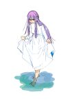  1girl barefoot blunt_bangs dress expressionless fern_(sousou_no_frieren) full_body highres long_hair looking_down official_art purple_hair sidelocks simple_background sketch skirt_hold solo sousou_no_frieren standing wading water white_background white_dress 