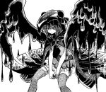  1girl angry bangs bow cloak closed_mouth doppel_(madoka_magica) feet_out_of_frame greyscale harumayago hatching_(texture) highres hood hood_up hooded_cloak ichizo_(madoka_magica) kuroe_(madoka_magica) magia_record:_mahou_shoujo_madoka_magica_gaiden magical_girl mahou_shoujo_madoka_magica midriff miniskirt monochrome shaded_face short_hair simple_background skirt solo split_mouth thighhighs thighlet white_background wings 
