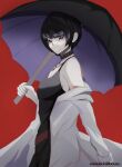  1girl absurdres black_dress black_hair black_umbrella bob_cut breasts brown_eyes choker coat dress highres holding holding_umbrella looking_at_viewer narrow_waist pale_skin persona persona_5 red_background samuschillhouse short_hair simple_background skinny small_breasts solo standing takemi_tae umbrella white_coat 