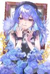  1girl absurdres beret blue_eyes blue_flower blue_hair blue_rose blush bow bow_earrings choker earrings eyelashes flower hair_between_eyes hair_ribbon hat highres hololive hoshimachi_suisei hoshimachi_suisei_(streetwear) jewelry kouhiipan lace lace_choker long_hair looking_at_viewer official_alternate_costume official_alternate_hairstyle picture_frame ribbon rose smile solo upper_body virtual_youtuber yellow_flower 