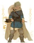  1girl 5altybitter5 armor axe blonde_hair blue_shirt boots cape chainmail closed_mouth fighting_stance grey_cape grey_pants holding holding_axe holding_weapon original pants ponytail shield shield_on_back shirt solo weapon 