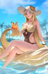  1girl bangs bare_legs bare_shoulders beach blonde_hair blue_eyes blue_sky bracelet breasts cherry cleavage cloud collarbone covered_navel crossed_legs cup drink drinking_glass drinking_straw earrings food fruit guilty_gear guilty_gear_strive hat highres jewelry large_breasts long_hair looking_to_the_side millia_rage necklace ocean palm_tree parted_lips phamoz shaded_face sky solo sun_hat swimsuit tree umbrella very_long_hair water 