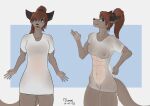  anthro blue_eyes clothed clothing clothing_pull cougar ear_piercing ear_ring felid feline female fur gamal gesture hair hand_gesture happy hi_res hybrid mammal multicolored_body nielo_(gamal) ok_sign partially_clothed piercing ponytail red_hair ring_piercing smile solo tan_body tan_fur teasing tight_clothing two_tone_body 