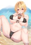  1girl absurdres akame_(akame_ga_kill!) ass bangs bare_legs beach bikini black_bikini black_hair blonde_hair blush breasts breasts_apart bubble_tea bubble_tea_challenge cameltoe collarbone covered_nipples crotch cup deogho_(liujinzy9854) drinking_straw_in_mouth highres korean_commentary large_breasts looking_at_viewer m_legs medium_hair multicolored_hair navel ocean original partially_submerged partially_visible_vulva red_eyes short_hair solo spread_legs stomach streaked_hair swimsuit two-tone_hair 