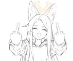  1girl :d ^_^ animal_ear_fluff animal_ears blue_archive censored censored_gesture closed_eyes double_middle_finger facing_viewer false_smile fox_ears halo highres hood hood_down hoodie long_hair long_sleeves middle_finger monochrome mosaic_censoring open_mouth reia_76 seia_(blue_archive) simple_background sketch smile solo spot_color upper_body white_background yellow_halo 