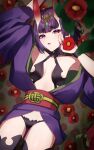  1girl absurdres bare_shoulders breasts eyeliner fate/grand_order fate_(series) headpiece highres horns izanaware_game japanese_clothes kimono long_sleeves looking_at_viewer makeup oni open_mouth purple_eyes purple_hair purple_kimono revealing_clothes short_hair shuten_douji_(fate) skin-covered_horns small_breasts solo wide_sleeves 
