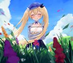  1girl arms_under_breasts blonde_hair blue_shirt blue_skirt blush breasts cleavage closed_eyes cloud cloudy_sky day dokibird_(vtuber) dragoon_(dokibird) english_commentary falling_leaves falling_petals floral_background flower hat highres indie_virtual_youtuber leaf long_hair medium_breasts outdoors petals pyrokuro shirt skirt sky smile standing teeth twintails very_long_hair virtual_youtuber wind 