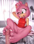  2024 4_toes amy_rose anthro blush bodily_fluids clothing cum cum_on_face digital_media_(artwork) disembodied_penis duo eulipotyphlan eyelashes feet female fingers foot_fetish foot_play footjob genital_fluids genitals hedgehog hi_res humanoid_genitalia humanoid_penis inside kaylafox male male/female mammal open_mouth penis pink_body pussy sega sex solo_focus sonic_the_hedgehog_(series) text toes two-footed_footjob url 