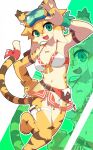  2024 absurd_res anthro arm_pouch belt belt_pouch bikini blonde_hair bracelet breasts chest_tuft clothing cygames eyebrows eyewear eyewear_on_head feet felid female fur goggles goggles_on_head green_eyes hair hand_on_hip hi_res inner_ear_fluff jewelry kemono looking_at_viewer mammal mia_(world_flipper) open_mouth open_smile pantherine sasaki_x_01 smile solo striped_body striped_fur stripes swimwear tan_body tan_fur tiger tuft world_flipper yellow_body yellow_fur 