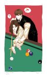  2boys ? absurdres ball billiard_ball billiards bowl_cut brown_hair confused eren_kruger eren_yeager highres holding_cue_stick long_hair male_focus mature_male mimi_(61743952) motion_lines multiple_boys pool_table shingeki_no_kyojin short_hair spinning_head spoken_question_mark table teaching time_paradox tsurime vest 