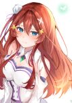  1girl absurdres blue_eyes blush breasts closed_mouth clothing_cutout collared_dress commentary_request cosplay dress embarrassed emilia_(re:zero) emilia_(re:zero)_(cosplay) flower go-toubun_no_hanayome hair_between_eyes hair_flower hair_ornament highres large_breasts long_hair looking_at_viewer nakano_itsuki red_hair rose shoulder_cutout simple_background solo star_(symbol) star_hair_ornament suimo_(suimodayo) two-tone_dress white_background white_dress white_flower white_rose 