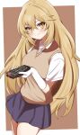  1girl blonde_hair border breasts brown_background brown_sweater_vest closed_mouth collared_shirt commentary_request controller elbow_gloves gloves grey_skirt highres holding holding_remote_control large_breasts long_hair looking_at_viewer miniskirt outside_border pleated_skirt pocchari remote_control school_uniform shirt shokuhou_misaki short_sleeves skirt smile sparkling_eyes summer_uniform sweater_vest toaru_kagaku_no_mental_out toaru_kagaku_no_railgun toaru_majutsu_no_index tokiwadai_school_uniform white_border white_gloves white_shirt yellow_eyes 
