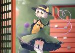  1girl :d absurdres black_bow black_hat black_sash blurry blurry_background blush bow capelet commentary detached_sleeves eyeball feet_out_of_frame frilled_capelet frilled_skirt frilled_sleeves frills green_capelet green_eyes green_skirt grey_hair hat hat_bow hat_ribbon heart heart_of_string highres koishi_day komeiji_koishi long_sleeves looking_at_viewer medium_hair open_mouth ribbon sash shirt skirt sleeve_bow smile solo standing symbol-only_commentary teeth thighhighs third_eye touhou upper_teeth_only white_thighhighs wide_sleeves wrainman yellow_bow yellow_ribbon yellow_shirt yellow_sleeves 