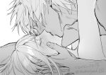  1boy 1girl alphen_(tales) bare_shoulders blush breasts couple dark-skinned_male dark_skin greyscale hand_on_another&#039;s_head hetero hug implied_sex kiss long_hair lying monochrome nude nukegara102 on_back out-of-frame_censoring shionne_(tales) small_breasts spiked_hair tales_of_(series) tales_of_arise 