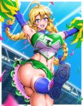  1girl abs ahoge alicia_sinclair arms_up ass blonde_hair blue_eyes blue_sky border braid cheerleader contrail elbow_gloves freckles from_below gloves green_shirt green_skirt hair_between_eyes highres jazz_kawa_sodom jikkyou_powerful_soccer kneehighs linea_alba long_hair midriff miniskirt panties pom_pom_(cheerleading) power_soccer_kun red_panties shirt shoes skirt sky sneakers socks solo stadium standing standing_on_one_leg sweat taut_clothes taut_shirt thick_thighs thighs thong tight tight_shirt toned turtleneck twin_braids underwear white_border 