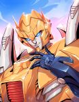  absurdres blue_eyes cloud commission english_commentary highres lina_rojas looking_at_viewer mecha metalhawk open_hand portrait robot science_fiction sky solo the_transformers_(idw) transformers 