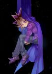  1boy absurdres black_background black_hair blonde_hair dated_commentary dyed_bangs floating from_side full_body hair_between_eyes highres hugging_own_legs less_end long_sleeves looking_at_viewer male_focus multicolored_hair muto_yugi pants purple_eyes purple_hair purple_shirt shirt signature solo spiked_hair yu-gi-oh! yu-gi-oh!_the_dark_side_of_dimensions 