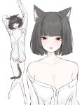  1girl alternate_costume animal_ears black_hair breasts cat_ears cat_girl cat_tail cleavage collarbone collared_shirt fangs full_body highres limbus_company medium_hair noroma_u off_shoulder project_moon red_eyes ryoshu_(project_moon) shirt simple_background small_breasts solo tail white_background white_shirt yawning 