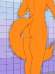 absurd_res anthro arm_tuft big_breasts big_butt breasts butt butt_shot canid canine canis coyote coyotebass digital_media_(artwork) elbow_tuft female fluffy fluffy_tail fur hi_res mammal nude orange_body shower simple_background solo tail thick_thighs tuft xanny_(coyotebass) 