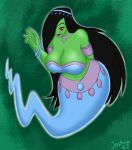  big_breasts black_hair blue_bottomwear blue_clothing blue_topwear bottomwear bracelet breasts chuchujellyart cleavage clothed clothing danny_phantom desiree_(danny_phantom) eyelashes female genie ghost ghost_tail green_background green_body hair hair_over_eye hi_res huge_breasts humanoid jewelry lipstick long_hair makeup navel necklace nickelodeon one_eye_obstructed purple_lipstick red_eyes simple_background solo spirit topwear wide_hips 