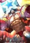  1boy abs arms_up bare_pectorals buzz_cut commentary_request cyborg dai-xt franky_(one_piece) male_focus muscular muscular_male official_art one_piece one_piece_card_game open_clothes open_mouth open_shirt palm_tree_print panties pectorals red_panties red_shirt shirt short_hair smile solo sparkle star_(symbol) sunglasses underwear very_short_hair 