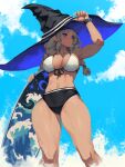  1girl armpits bikini black_bikini black_hat blue_eyes blue_hat blue_sky braid breasts closed_mouth cloud commentary earrings english_commentary feet_out_of_frame front-tie_bikini_top front-tie_top grey_hair hand_on_headwear hat highres jewelry large_breasts light_blush long_hair looking_afar low_twin_braids mismatched_bikini navel original sky solo standing stomach stud_earrings surfboard swimsuit thick_thighs thighs toned twin_braids two-tone_headwear water waves white_bikini witch_hat yan_kodiac 