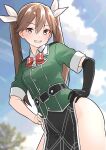  1girl black_gloves blush breasts brown_eyes brown_hair cowboy_shot day elbow_gloves furaggu_(frag_0416) gloves green_jacket grin hands_on_own_hips highres jacket kantai_collection long_hair looking_at_viewer medium_breasts outdoors pelvic_curtain short_sleeves single_elbow_glove smile solo tone_(kancolle) tone_kai_ni_(kancolle) twintails 