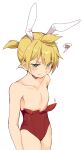  1boy absurdres animal_ears aqua_eyes blonde_hair blush collarbone commentary cowboy_shot crossdressing embarrassed highres hmniao kagamine_len leotard looking_down male_focus rabbit_ears red_leotard short_ponytail solo spiked_hair squiggle topless_male v-shaped_eyebrows vocaloid white_background 