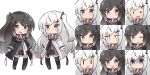 2girls :d ;o allial_(coefont) black_footwear black_hair black_jacket black_shorts blank_eyes blush boots chibi closed_mouth coefont collared_shirt commentary_request fang grey_eyes grey_hair grey_shirt hair_ornament hairclip highres jacket jitome long_hair long_sleeves millial_(coefont) multiple_girls multiple_views one_eye_closed one_side_up parted_lips ryogo shirt shorts sleeveless sleeveless_shirt small_sweatdrop smile solid_oval_eyes sweat thigh_boots turn_pale v-shaped_eyebrows very_long_hair white_background white_jacket |_| 