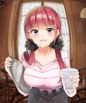  1girl :d apron black_apron black_scrunchie blue_eyes blunt_bangs blurry breasts butterfly_hair_ornament collarbone commentary_request cup depth_of_field go-toubun_no_hanayome gradient_nails hair_ornament hair_scrunchie highres holding holding_cup holding_tray indoors large_breasts lemon_t long_hair looking_at_viewer low_twintails nakano_nino pink_hair pink_shirt scrunchie shirt smile solo striped_clothes striped_shirt tray twintails waist_apron waitress 