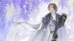  1boy blue_cape brown_hair cangcang_shi_yi_zhi_jian_lian_cang_hu cape chinese_clothes closed_mouth code:_kite cow earrings falling_petals flower guqin hanfu highres holding holding_instrument instrument jewelry lips long_hair long_sleeves looking_to_the_side low-tied_sidelocks low_ponytail male_focus parted_bangs parted_lips petals purple_eyes purple_flower robe sash sleeves_past_fingers sleeves_past_wrists solo standing tassel white_robe wide_sleeves wisteria zhou_yu_(code:_kite) 