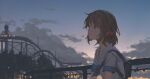  1girl amusement_park backpack bag blank_stare blue_eyes bow brown_hair cloud evening fence hair_bow hair_ornament hairpin hyxifeng light_frown medium_hair multiple_hairpins muted_color original outdoors parted_lips roller_coaster scenery school_uniform sky slouching solo three_quarter_view tower tree twilight upper_body 