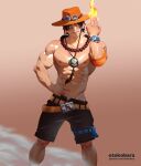  1boy abs armband artist_name bara bead_necklace beads black_hair black_shorts english_commentary feet_out_of_frame flaming_hand freckles groin hand_on_own_hip hand_up hat highres jewelry large_pectorals male_focus muscular muscular_male navel necklace nipples one_piece orange_hat otokobara paid_reward_available pectorals portgas_d._ace pouch shorts skull solo standing thigh_pouch topless_male veins veiny_arms watch wristwatch 