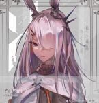  1girl animal_ears arknights artist_name black_eyes black_scarf chinese_commentary commentary_request frostnova_(arknights) grey_background grey_hair hair_ornament hair_over_one_eye hairclip huan_zi_bu_cheng jacket long_hair looking_at_viewer open_mouth portrait rabbit_ears reunion_logo_(arknights) scarf simple_background solo white_jacket 