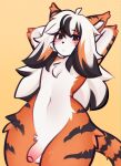 anthro black_stripes blush felid femboy fiamourr fluffy foreskin fur genitals hair hands_behind_head hi_res humanoid_genitalia humanoid_penis long_hair male mammal multicolored_body multicolored_fur multicolored_hair orange_body orange_eyes orange_fur pantherine penis simple_background solo standing stripes tail tiger white_body white_fur