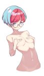  1girl absurdres blue_eyes blue_hair breasts covering_nipples covering_privates cropped_torso glasses highres light_blue_hair looking_at_viewer medium_breasts multicolored_hair navel nonoro_(potato461) nude penny_(pokemon) pink_hair pokemon pokemon_sv round_eyewear semi-rimless_eyewear short_hair simple_background solo stomach two-tone_hair under-rim_eyewear white_background 